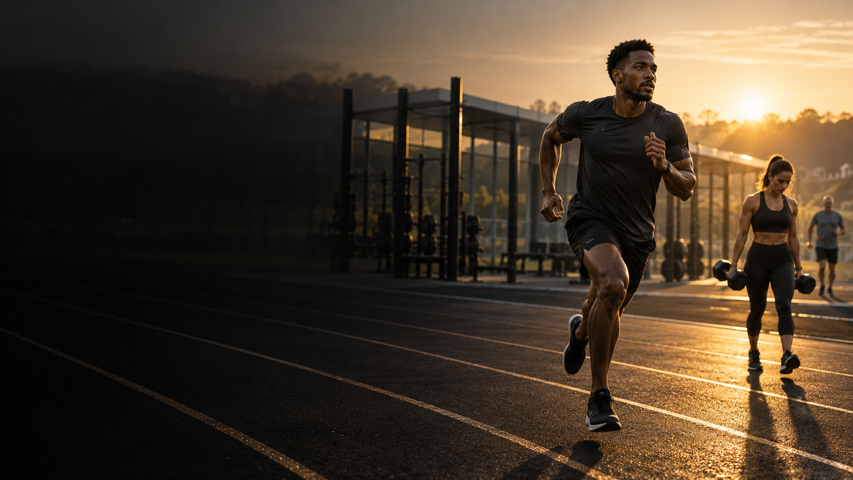 Athletes and recreational exercisers training on an outdoor track at sunrise